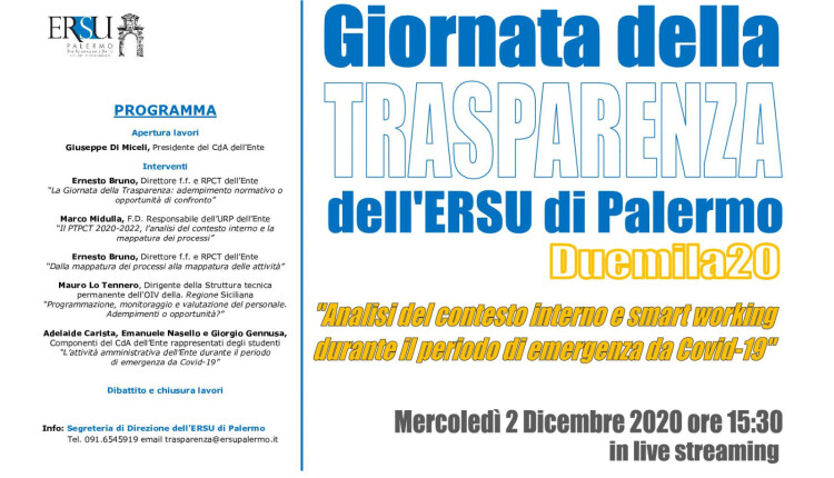 Giornata della Trasparenza 2020: “Analisi del contesto interno e smart working durante il periodo di emergenza da Covid-19″