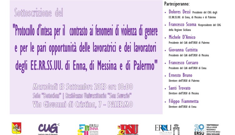 Violenza di genere, l’azione degli Ersu di Palermo, Messina ed Enna per contrastare il fenomeno. Mercoledì, a Palermo, sottoscrizione di un Protocollo